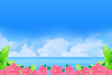 海と快晴の上空に浮かぶ雲、ハイビスカスの花