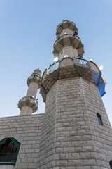 Evening view of the minarets of the Ahmadiyya Shaykh Mahmud mosque in Haifa city in Israel