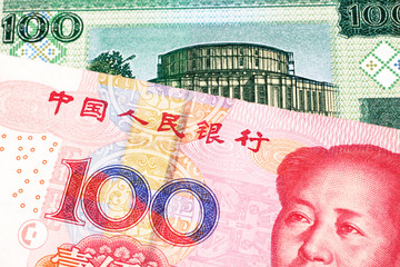 A close up image of a one hundred yuan note from the People's Republic of China with a one hundred ruble note from Belarus