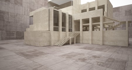 Abstract architectural brown and beige concrete interior of a minimalist house with white background . 3D illustration and rendering