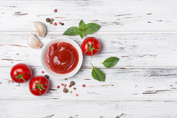 Naklejka na ściany i meble Spicy tomato ketchup sauce with Cherry tomatoes, garlic and basil