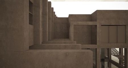 Abstract architectural brown and beige concrete interior of a minimalist house with white background . 3D illustration and rendering.