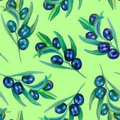 Seamless pattern with ripe black olives on green background. Beautiful hand-drawn wallpaper. Organic food. Realistic acrylic drawings.