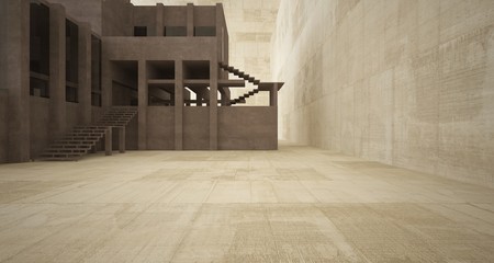 Abstract architectural brown and beige concrete interior of a minimalist house with white background . 3D illustration and rendering.