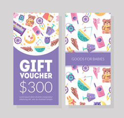 Baby Goods Gift Voucher Template, Kids Store Certificate or Coupon with Cute Childish Pattern, Design Element for Voucher, Flyer Vector Illustration