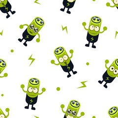 Cute Battery Character Seamless Pattern, Childish Style Design Element Can Be Used for Fabric, Wallpaper, Packaging Vector Illustration