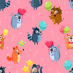 Cute Funny Animals with Colorful Balloons Seamless Pattern, Childish Style Design Element Can Be Used for Fabric, Wallpaper, Packaging Vector Illustration
