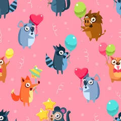 Tuinposter Dieren met ballon Leuke grappige dieren met kleurrijke ballonnen naadloze patroon, kinderachtig stijl ontwerpelement kan worden gebruikt voor stof, behang, verpakking vectorillustratie