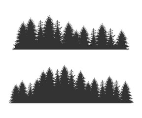 Forest Fir Trees Silhouettes, Coniferous Spruce Horizontal Seamless Pattern, Black Evergreen Woods Vector Illustration
