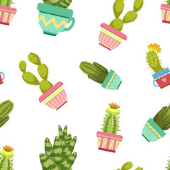 Cactuses and Succulents in Flower Pots Seamless Pattern, Design Element Can Be Used for Fabric, Wallpaper, Packaging, Background Vector Illustration