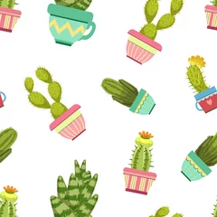 Foto op Plexiglas Planten in pot Cactussen en vetplanten in bloempotten naadloze patroon, ontwerpelement kan worden gebruikt voor stof, behang, verpakking, achtergrond vectorillustratie