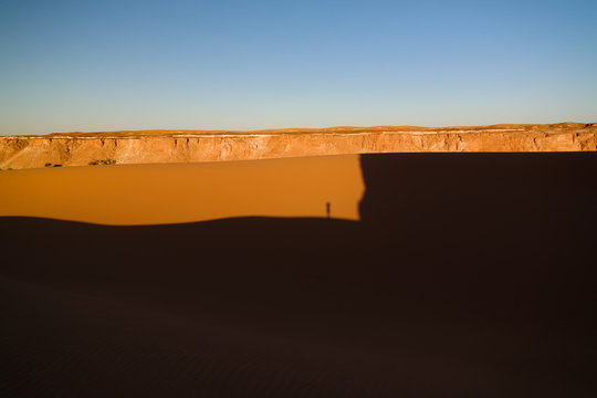 aerial Panoramic landscape near Boukkou lake group of Ounianga Serir lakes at the Ennedi, Chad