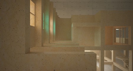Abstract architectural concrete, coquina and glass interior of a minimalist house with neon lighting. 3D illustration and rendering.