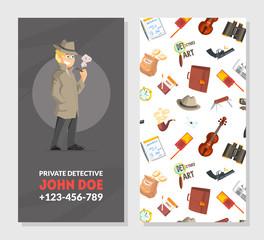 Private Detective Business Card Template, Investigators Equipment and Accessories Frame with Place for Text, Professional Surveillance Work Vector Illustration