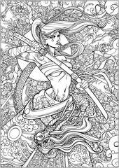 Coloring page for adults , Female samurai with a katana and a dragon twining around her