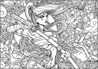 Fototapeta na wymiar Coloring page for adults , Female samurai with a katana and a dragon twining around her