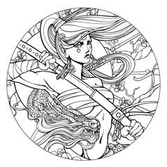 Naklejka premium Coloring page for adults , Female samurai with a katana and a dragon twining around her