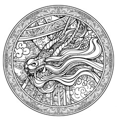Coloring for adults , line drawing of a dragon with horns and fangs, painted in Oriental style 