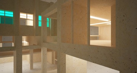 Abstract architectural concrete, coquina and glass interior of a minimalist house with neon lighting. 3D illustration and rendering.