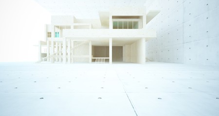 Abstract architectural concrete, coquina and glass interior of a minimalist house. 3D illustration and rendering.