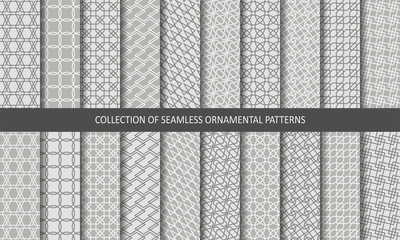 Vector set ornamental seamless patterns. Collection of geometric luxury modern patterns. Endless texture can be used for wallpaper, pattern fill, web page background. 
