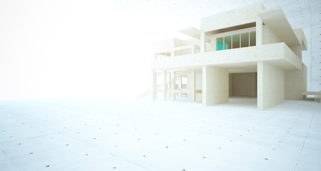 Abstract architectural concrete, coquina and glass interior of a minimalist house. 3D illustration and rendering.