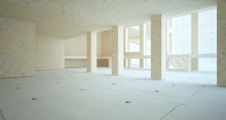 Abstract architectural concrete, wood and glass interior of a minimalist house. 3D illustration and rendering.