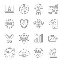 5G technology icons set. 5th generation mobile network, high speed connection wireless systems. Set of 5G technology vector icons for web design, UI, apps. Editable Stroke. EPS 10.
