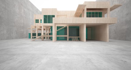 Abstract architectural concrete, wood and glass interior of a minimalist house. 3D illustration and rendering.