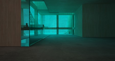 Abstract architectural concrete, wood and glass interior of a minimalist house. 3D illustration and rendering.