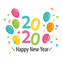 Happy new year 2020 logo with colorful balloons and confetti