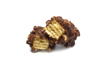 Cracked crispy wafers chocolate isolated on white background.
