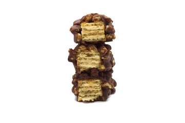 Cracked crispy wafers chocolate isolated on white background.