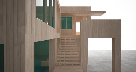 Abstract architectural concrete, wood and glass interior of a minimalist house. 3D illustration and rendering.