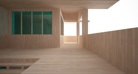 Abstract architectural concrete, wood and glass interior of a minimalist house. 3D illustration and rendering.