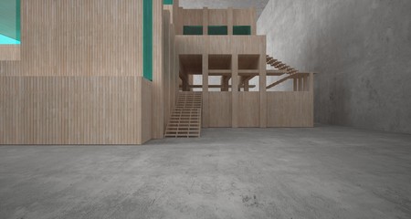 Fototapeta na wymiar Abstract architectural concrete, wood and glass interior of a minimalist house. 3D illustration and rendering.