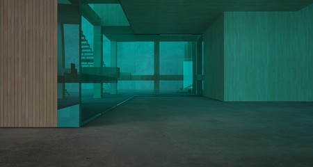 Abstract architectural concrete, wood and glass interior of a minimalist house. 3D illustration and rendering.