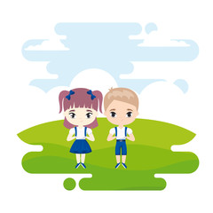 cute little students in landscape scene