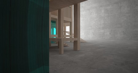 Abstract architectural concrete, wood and glass interior of a minimalist house. 3D illustration and rendering.