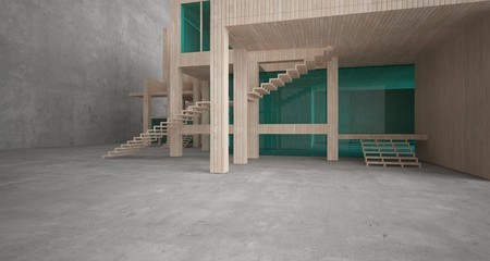 Abstract architectural concrete, wood and glass interior of a minimalist house. 3D illustration and rendering.