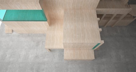 Abstract architectural concrete, wood and glass interior of a minimalist house. 3D illustration and rendering.