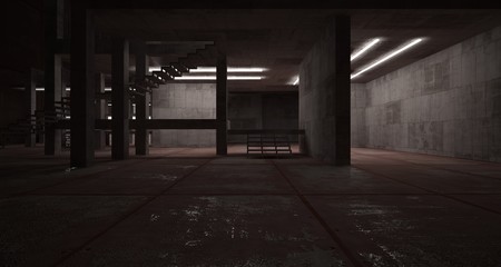 Abstract architectural concrete  and rusted metal interior of a minimalist house with neon lighting. 3D illustration and rendering.