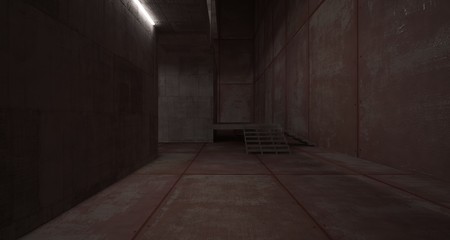 Abstract architectural concrete  and rusted metal interior of a minimalist house with neon lighting. 3D illustration and rendering.