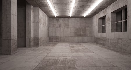 Abstract architectural concrete  and rusted metal interior of a minimalist house with neon lighting. 3D illustration and rendering.