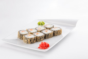 tempura sushi maki roll with salmon and cream cheese japanese food isolated on white background