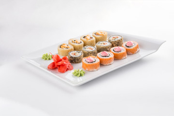 Japanese food restaurant sushi maki roll plate or platter set isolated on white background