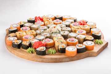 Japanese food restaurant sushi maki roll plate or platter set isolated on white background
