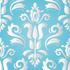 Seamless oriental ornament. Blue and white vector traditional oriental pattern with 3D elements, shadows and highlights