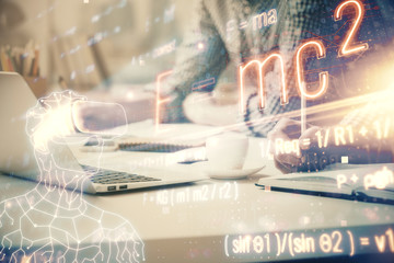 Science formula hologram with man working on computer on background. Education concept. Double...