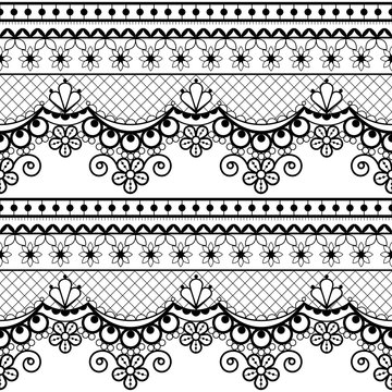 Wedding lace French or English seamless pattern set, black ornamental repetitive design with flowers - textile design